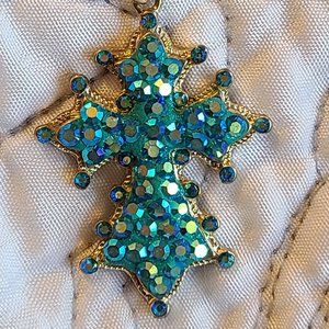 Kirks Folly Tempting Teal Cross Pendant on 17" Adjustable Gold Tone Snake Chain